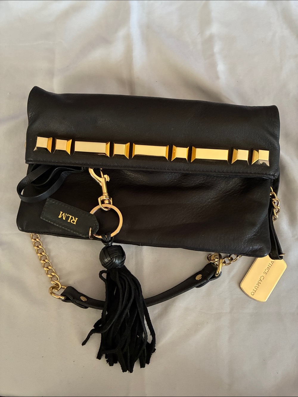Vince Camuto Black Leather Fold-Over Shoulder Bag with Gold Hardware